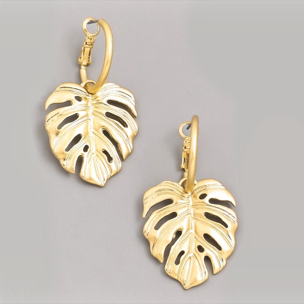 Gold Monstera Leaf Mini Hoop Earrings - Picture 2 of 3